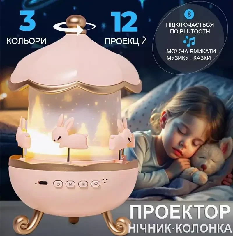Нічник‑проєктор Карусель: 12 проекцій, 3 кольори